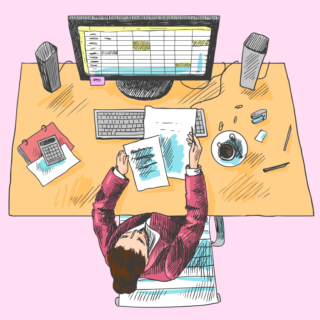 Accountant office employee work place tools with woman sitting on table colored top view sketch illustration